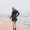 Belted Shirt Mini Dress Long Sleeve Contrast Stitch